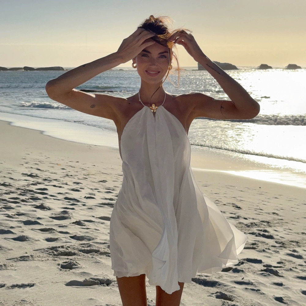 Zara Vacation Halter Neck Backless A-Line Dress Floral Metal Button